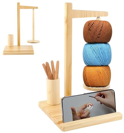 Lvjkes Wollabwickler, Garnhalter wolle, 360° Drehbar Multifunktionaler Magnetische Anziehung Wollständer, Kombiniert mit Handyhalter, für zum Garnhäkeln und Stricken und andere Nähhandwerks(Holzfarbe)