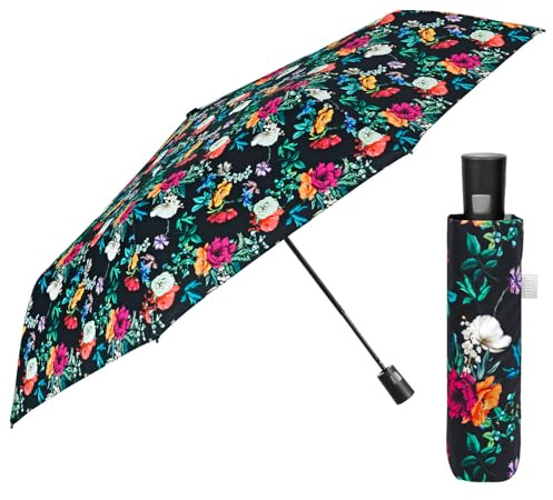 Mehrfarbiger Regenschirm Automatik für Frauen mit Punkten - Taschenschirm Taschenregenschirm Kompakt Mini Leicht Winddicht - Regen Schirm Klein Reisen - Durchmesser 96 cm (Schwarz mit Blumen)