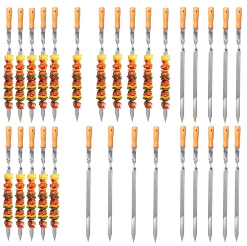 ZMC 30 spiedini per kebab da 55 cm, in acciaio inox, 2 cm di larghezza, 2 mm di spessore, con manico in legno, antiruggine, per carne, verdure, pesce, stabili e riutilizzabili per barbecue e barbecue
