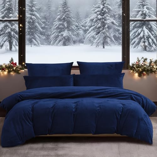 YASMENG Winter Bettwäsche 135x200 Dunkelblau Warm Kuschelig Flauschige Bettwäsche Winter Weich Samt Plüsch Fleece Flanell Bettbezug Set 2 Teilig mit Reißverschluss und 80x80 cm Kissenbezug