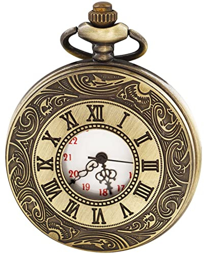 Utomhusklocka, Vintage Roman Number Quartz Steampunk fickur med kedja for män Födelsedagsjulklappar(White)