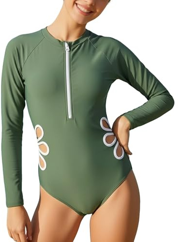 Happy Cherry Maillots de Bain Fille Une Pièce Manches Longues Rashguard Maillot de Natation Surf Piscine à Séchage Rapide Vert pour Enfant 11-12 Ans