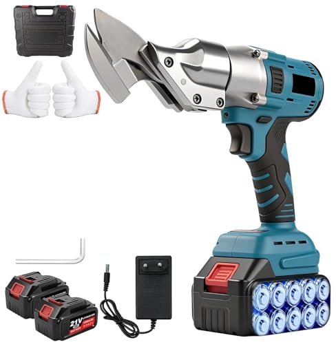 Cisaille à Tôle Sans Fil, 21 V Cisaille Électrique à Métaux avec 2 Batteries, 500 W Cisaille à Tôle Électrique, Épaisseur Coupe 1,5 mm, Lame Pivotante à 360°, pour Métal, Tapis, Tissu et Cuir