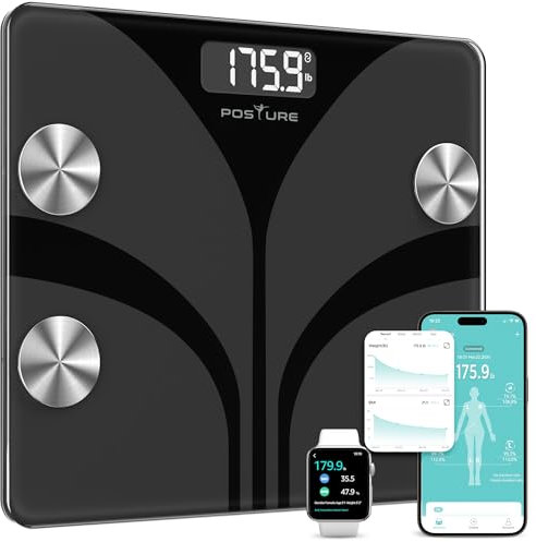 Posture Balance Pese Personne pour Salle de Bain, Haute Précision, Impédancemètre 13 Indicateurs (IMC/Graisse Corporelle/Muscle) avec App, Max 180 kg - Noir