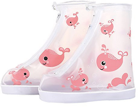 Lazeny Niño Cubrecalzado Impermeable, Reutilizable Cubiertas para La Lluvia Nieve Protectores de Zapato, Botas de Lluvia Cubierta del Zapato con Cremallera y Suela Antideslizante (XXL,Ballena Rosa)