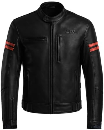 BI ESSE - Motorcykeljacka i läder, vintage, kaffe-race, komplett med protektorer, certifierad jacka, svart, 4XL