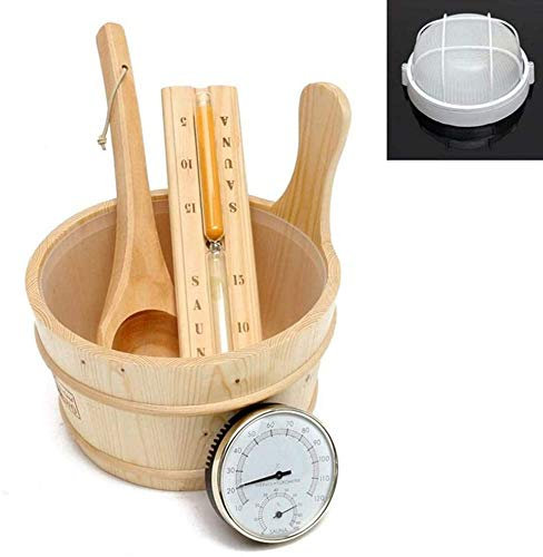 HTYG 5-pièce Classique Sauna Ensemble-Sauna Seau-Tonneau en Bois Cuillère Sablier Thermomètre Lumière-Sauna Ensemble Fait À partir de Bois Naturel-Essentiel Spa Accessoires pour Sauna