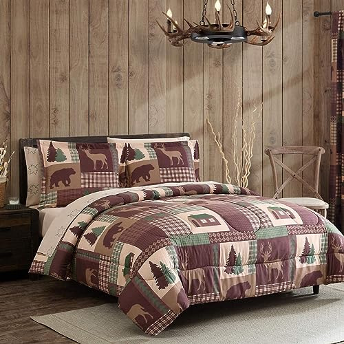 Beatrice Home Fashions 7-delad rustik stuga queen täcke säng i en väska sängkläder set med djupa ficklakan, björn hjort stuga brun grön
