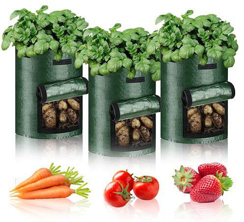 PfiHom Pflanzsack 10 Gallonen-3 Packungen, 45L Kartoffelsack Zum Pflanzen, Karotten und anderes Gemüse, verdickter Kartoffelpflanzsäcke mit Fenster und Griffen (dunkelgrün)