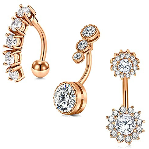 MODRSA 14G Dreifach CZ Inlaid Bauchnabelpiercing Chirurgenstahl Damen Umkehren Klar CZ Nabel Piercing Bauchnabel 10MM Banane Barbell Piercing