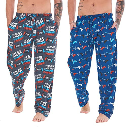 Keanu Mens Pack of 2 Gamer Lounge Pants | Eat Sleep Game Repeat Designs | Cotton Lounge Wear | Gamer Gift Idea - Mens Sizes S - 2XL (Large)