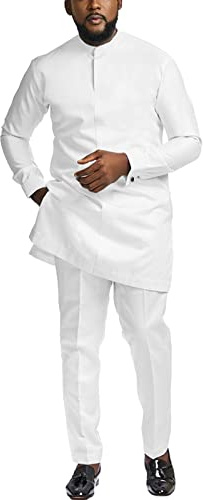 Men African Senator Suit, Dashiki Outfit Wedding Attire Clothes TR5 M White