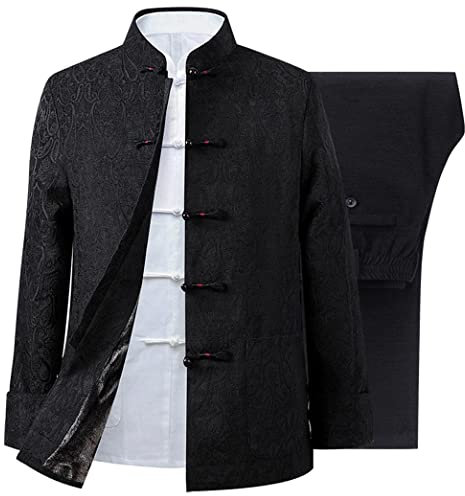 QPZK Winter-Tang-Anzug Plus Samt verdickte traditionelle chinesische Kleidung Jacke verdickter Anzug Kung-Fu-Anzug Kampfkunst-Kleidung langärmliger Mantel, Oberteile und Hosen (L,Black)