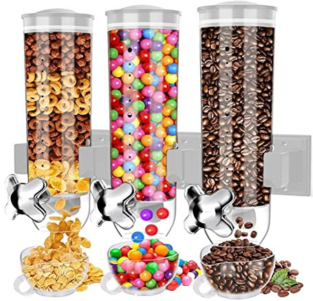 FokCalgary Cereal Dispenser Wall Mounted, Wall-Mounted Cereal Dispenser with 3 Cup, Candy Dispensers Three Chamber Grain Dispenser, Dry Food Dispenser Food Storage Airtight Clear Container Kitchen