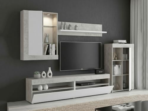 Dmora Parete Attrezzata Beverin 42x265x180h cm Bianco 12 Ripiani Modulabile, Apertura Battente e a Ribalta