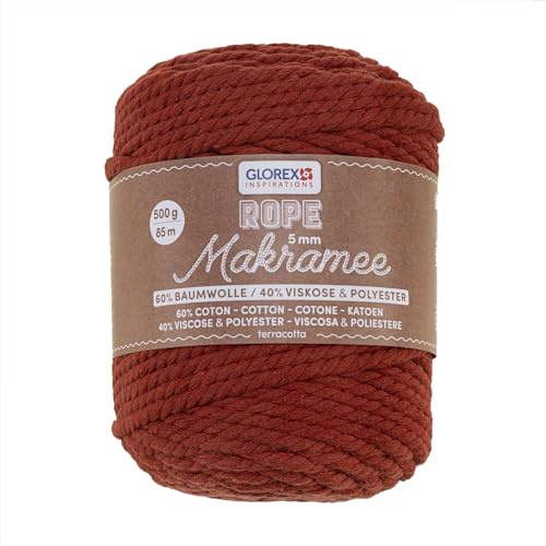 GLOREX 5 1007 22 - Makramee Rope 5 mm, 500 g, Terracotta, Länge 85 m, superweiches Textilgarn aus 60 % Baumwolle, 40 % Viskose, zum Häkeln, Stricken, Knüpfen und textilen Gestalten