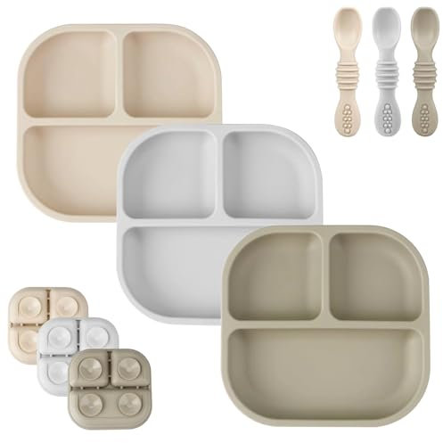 PandaEar 3 Stück Rutschfest Baby teller mit Saugnäpf und 3 Löffel, Unterteilt Kinderteller Set, Silikonteller Baby Saugnapf, Geteilte Esslernteller, BPA-frei