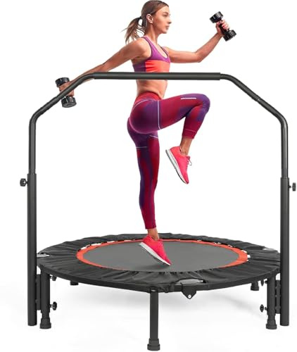 OUUTMEE 40''/48 Foldable Trampoline for Adults Kids Silent Fitness Trampolines with 4 Level Adjustable Heights Handrail, Exercise Trampoline for Bounce Indoor/Garden Workout Use, Max Load 330 lbs