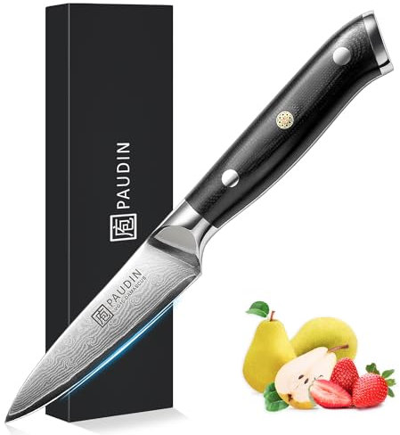 PAUDIN Damastmesser 9 cm – Gemüsemesser Schälmesser Obstmesser – VG10 Profi-Küchenmesser mit schwarzem ergonomischem G10-Griff