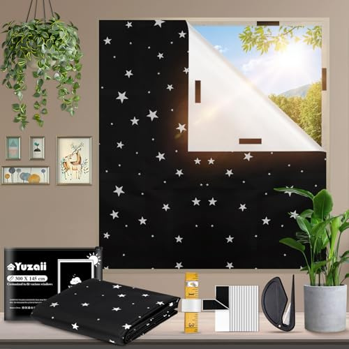 YUZAII Blackout Blind 300x145cm Stick On Black Out Blinds for Windows, No Drill Temporary with 20 Hook & Loop Tapes for Bedroom, Travel (star)