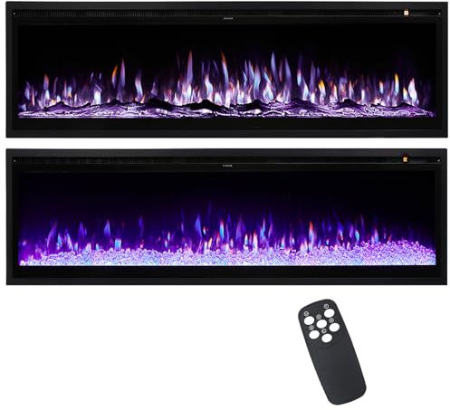INMOZATA 186cm/73 Inch Electric Fire Wall Mounted/Recessed/Freestanding Electric Fireplace with Remote Control, 12 Colors Flame Effect Media Wall Fireplace, Crystal & Log Set, 900W/1800W(73/186cm)