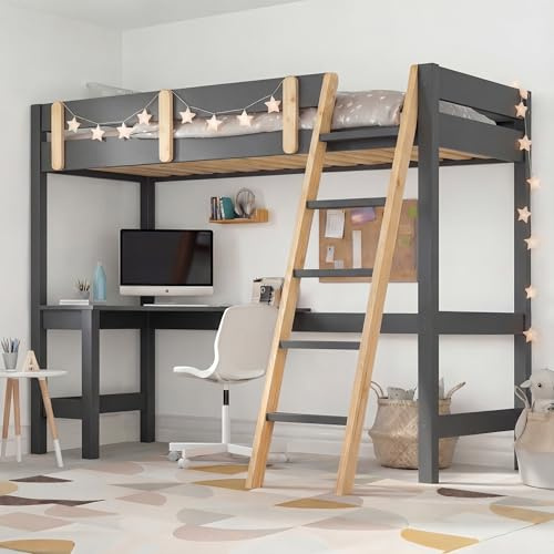 Blisswood Loft Bunk Bed with Desk, Single Wooden High Sleeper Bed with Ladder, Safety Guardrail & Solid Pine Wood Bed Frame, 3ft Small Space Saving Bunkbed for Kids, Children & Adults (Dark Grey)