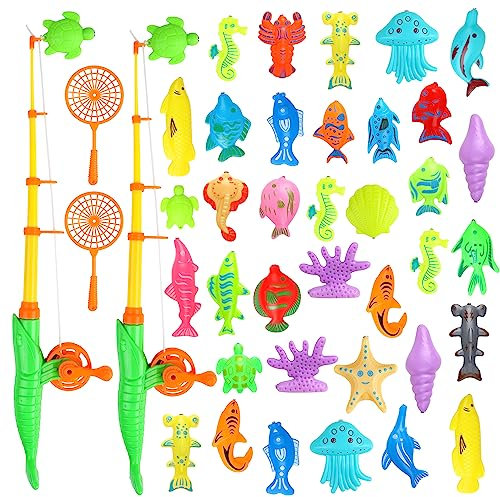 SULOLI Kids Fishing Rod,40PCS Water Toys for Kids Outdoor Magnetic Fishing Game Bath Toys for 3 4 5 6 Year Olds