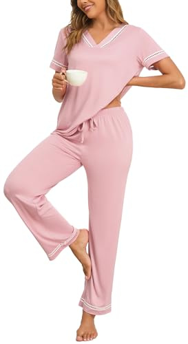 Famulily Ladies Summer Pyjamas Set Lace Trim V Neck Sleepwear Short Sleeve Lounge Wear for women UK Pink M