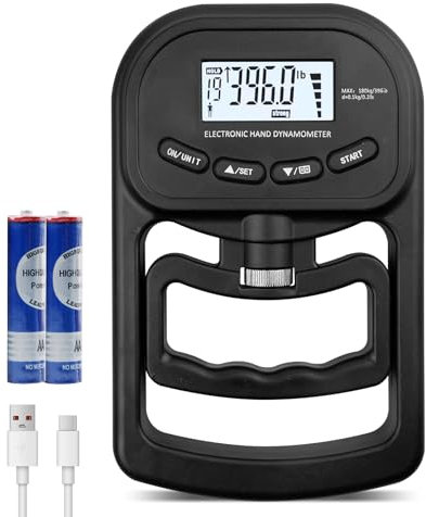 Medidor digital de mano de 396 lb/180 kg, dinamómetro electrónico, medidor de fuerza de agarre electrónico, pantalla LED Grip Strength Trainer con cable USB, medidor de fuerza de agarre inteligente