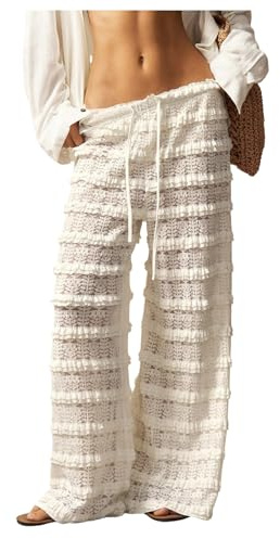 RoseSeek Women's Crochet Lace Pants Ruffle Layered Elastic Waist Mesh Bathing Suit Cover Up Beach Pants White S