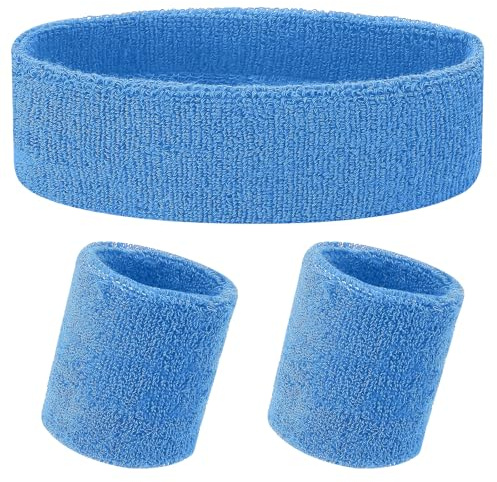 Yolev Juego de 3 bandas para el sudor, diadema deportiva y pulseras, juego de 1 diadema y 2 pulseras, para hombres y mujeres atléticos, negro y verde neón, talla única (azul claro)