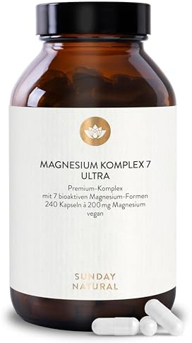 SUNDAY NATURAL® Magnesium Komplex – 240 Kapseln - 400mg pro Tag - aus 7 Verbindungen: Magnesium Bisglycinat, Citrat, Malat, Laktat, Ascorbat, Oxid, Lysinat - Vegan, laborgeprüft