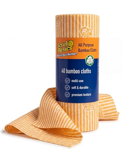 Scrub Basics - Panni multiuso in bambù, 1 rotolo con 40 fogli, panni assorbenti multiuso per la pulizia in rotolo, morbidi per cucina, bagno e casa, prodotti per la pulizia durevoli