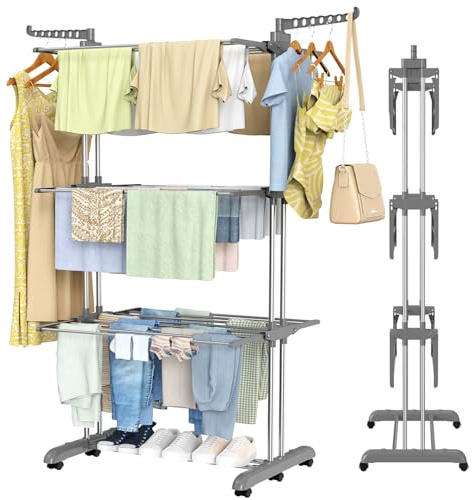 Innotic Airer Clothes Drying Rack, 4-Tier Foldable Clothes Hanger Horses Indoor Outdoor, Stainless Steel Laundry Dryer Stand with Casters