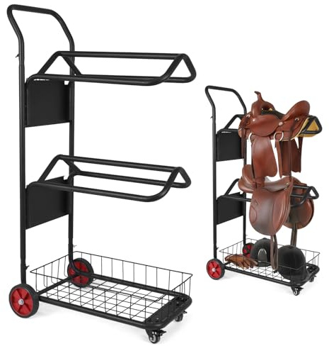 Heavy-Duty Rolling Saddle Rack Cart with Storage Basket, Sturdy Western Saddle Stand, Portable Horse Gear Organizer for Tack Room Bridle Halter Grooming Supplies Horse Lovers Cowboy Ranch Stable