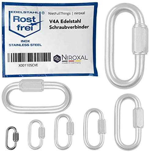 4 unidades 3-mm V4A acero inoxidable mosquetón de cadena forma corta, recta y robusta carga de rotura 330 kg conector de cadena mosquetón atornillado eslabón de emergencia