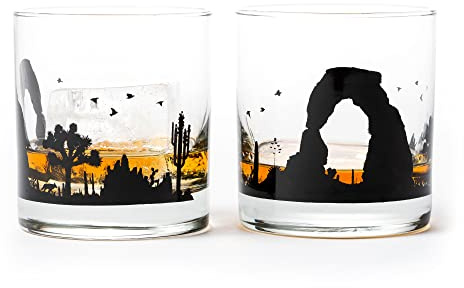 Black Lantern Nature Whiskey Glasses Set of 2 – 11oz Heavy Base Old Fashioned Rocks Glasses – Screen Printed Wildlife & Landscape Designs with Gift Box (Desert Landscape)