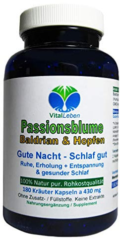PASSIONSBLUME + BALDRIAN + HOPFEN. 180 GUTE Nacht - SCHLAF Gut Kapseln - In der Ruhe liegt die Kraft - Beruhigung & Entspannung + Einschlafen & Durchschlafen. OHNE ZUSATZSTOFFE. 26690-180