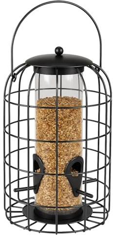 Comedero pájaros Exterior Elma – Metal Negro con Recubrimiento – diseño cilíndrico con 4 posaderos – 17.5x17.5x27cm