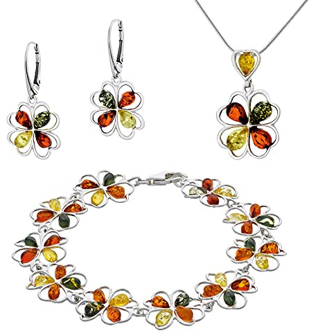AMBEDORA Damen Große Juliette Setz Silber 925 Poliert Farbiger Baltischen Bernstein Anhänger mit Kette Schlange Ohrringe Armband