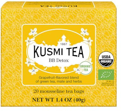 Kusmi Tea BB Detox Bio Mélange Bio de Thé Vert, Maté et Plantes Aromatisé Pamplemousse, Pack de 20