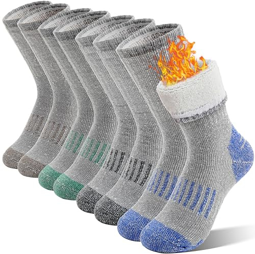 Sandsuced Kids Merino Wool Walking Socks Girls Boys Winter Thermal Warm Cosy Hiking Boot Thick Cushion Gift Stocking Fillers Socks 4 Pairs(Grey/Blue/Green/Brown,4-7 Years)