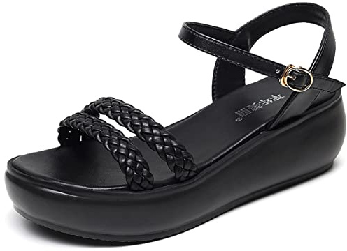 EU34 - Sandali da donna con zeppa, con chiusura a cuneo, con punta aperta, con tacchi alti, colore: nero