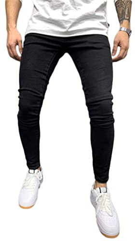 Onsoyours Vaqueros Rasgados de Hombre Skinny Denim Jeans Hip Hop Slim Fit Pantalone Casuales Elasticos Agujero Pantalón Hombre Vaqueros Ajustados Oversized B Negro M