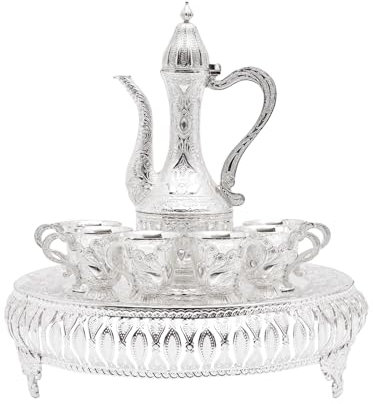 Service à thé avec 6 tasses à thé et 1 théière, ensemble de cafetière européenne, pour le thé à la maison, le café turc, le thé, le vin italien, le whisky, le brandy (argent)