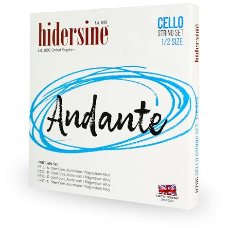 Hidersine Andante CELLO String SET for 1/2 size. Steel Core, Alloy String. Longevity & Ease of Playing Feel. Excellent Tone & Great Value. Ideal for Cello Students Full Sized or 3 Quarter Cellos.