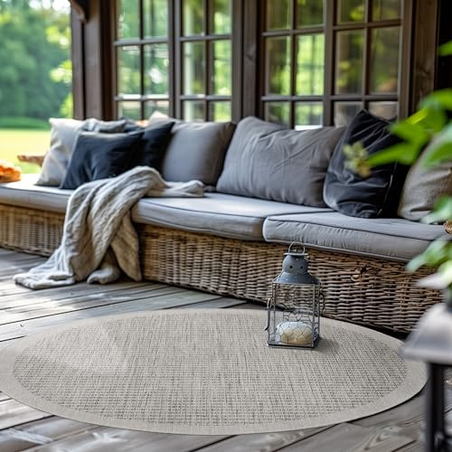 SIMPEX Outdoor Teppich Rund,Terrasse Balkon Garten Küchenteppich Einfarbiges Design Wetterfest Flachgewebe Sisal Look Waschbarer Teppich, Größe: 120 cm Rund, Farbe: Grau