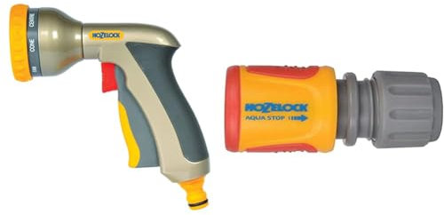 HOZELOCK - Multi-Jet Spray Gun Plus : Ergonomic, Extremely Compact Metal Multi-Task Gun & Aquastop Hose Connector Quick ø 12.5mm - 15mm (1/2- 5/8) Soft Touch : Aquastop, Watertight
