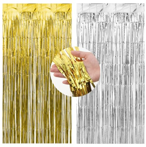 JJUNW 2 Stück Lametta Vorhang, Glitzer Lametta Vorhänge Silber und Gold Metallische Glitzervorhang 1 x 2m Luftschlangen Deko Glitzer Party Vorhang für Geburtstage Festivals ​Hochzeit Party Bühnendekor