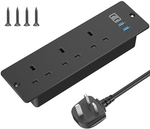 Recessed Power Socket with USB C, ANVODE Hidden Desk Power Sockets with 2 USB A, 2 USB-C Ports, 2M Power Extension Lead with 3 Outlets, Hidden in the furniture Desk Table, Black